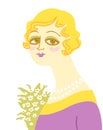 Vintage woman portrait in 1920s style fashion with flowers. Vector retro style flapper girl with blondy hairdo and beads isolated