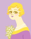 Vintage woman portrait in 1920s style fashion with flowers. Vector retro style flapper girl with blondy hairdo and beads