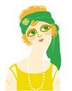 Vintage woman portrait in 1920s style fashion with green head accessories. Vector retro style flapper girl with blondy hairdo and