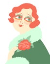 Vintage woman portrait in 1920s style fashion with red flower in hand. Vector retro style flapper girl with red hairdo isolated on Royalty Free Stock Photo