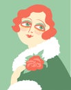 Vintage woman portrait in 1920s style fashion with red flower in hand. Vector retro style flapper girl with red hairdo Royalty Free Stock Photo