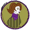 Vintage woman with short wavy hair in striped sweater and violet scarf