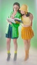 Vintage woman students, books and studio with 80s fashion, retro and learning together with trippy green aesthetic. Gen