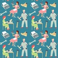 Vintage Women Seamless Pattern. Faceless Girls Different Professions Background