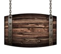 Vintage wood barrel signboard for restaurant hanging on chains isolated 3d illustration Royalty Free Stock Photo