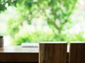 Vintage wood chair near the window with green garden background