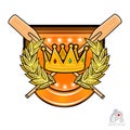 Vintage wood crossed oars for rowing with crown in the middle of golden laurel wreath on the shield on white. Sport logo for any t