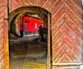 Vintage wood door and red faÃÂ§ade in Sibiu Romania