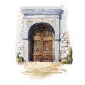 Vintage wood door watercolor image. Old rustic entrance in stone house. Architecture aged detail realistic illustration Royalty Free Stock Photo