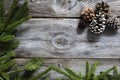 Vintage wood, fir twigs and cones for natural winter holiday