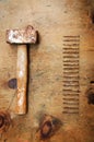 Vintage wood table with hammer and nails Royalty Free Stock Photo