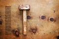 Vintage wood table with hammer and nails Royalty Free Stock Photo