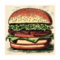 Vintage Woodblock Print Style Hamburger With Lettuce And Tomatoes