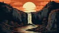 Vintage Woodcut Illustration: Sunset Waterfall Near River
