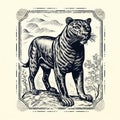 Vintage Woodcut Print Of A Mischievous Tiger In The Field