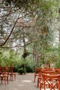 Vintage wooden arch wtih red and pink roses - outdoor wedding ceremony location in coniferous forest wtih classic bentwood chairs