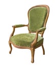 Vintage wooden armchair upholstered in green velvet isolated on white background.