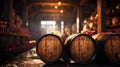 Vintage wooden barrels on dark wine cellar blurred background, old brown oak casks in storage of winery. Concept of vineyard,