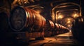 Vintage wooden barrels inside old wine cellar, perspective for background. Many brown oak casks stored in dark storage of winery.