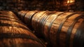 Vintage wooden barrels in old wine cellar close-up. Brown oak casks inside storage of winery. Concept of vineyard, viticulture,