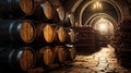 Vintage wooden barrels stored in old wine cellar, background. Many brown oak casks inside dark storage of winery. Concept of Royalty Free Stock Photo