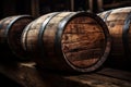 Vintage wooden barrels texture background, dark wine cellar of winery. Old oak casks in underground storage. Concept of vineyard, Royalty Free Stock Photo