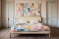 a vintage wooden bed with a pastel-colored patchwork quilt