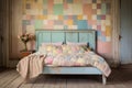 a vintage wooden bed with a pastel-colored patchwork quilt