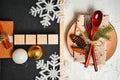 Vintage wooden blackboard blank framed in Christmas tree branch and decorations. Winter table setting holidays concept