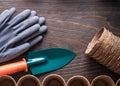 Vintage wooden board with rubber gloves set of peat glasses and