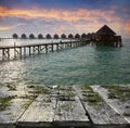 Vintage wooden board with sea, beach and lodges over water background