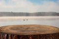 vintage wooden board table in front of abstract photo of misty and foggy lake at morning/evening. Royalty Free Stock Photo