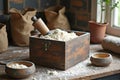 Vintage wooden box of flour and rolling pin on rustic kitchen counter Royalty Free Stock Photo