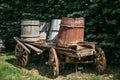 Vintage Wooden Cart With Wooden Buckets In Rural Farm In Sunny Summer Or Autumn Day