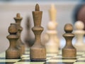 Vintage wooden chess pieces on the chess board. Black chess king and a pair of pawns. Close-up