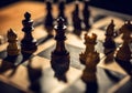 Illustration of wooden chess pieces on a chess board, dark blurred background. Royalty Free Stock Photo