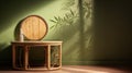 Vintage wooden chest of drawers in green room. Display stand.