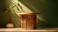 Vintage wooden chest of drawers in green room. Display stand. Royalty Free Stock Photo