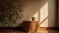 Vintage wooden chest of drawers in green room. Display stand. Royalty Free Stock Photo