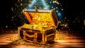 vintage wooden chest with gold coin on table with shinny gold