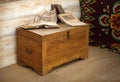 Vintage wooden coffer with books