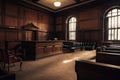 Vintage wooden courtroom interior. 3D Rendering. Retro style. Empty huge vintage courtroom view, AI Generated