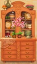 Vintage cabinet with ornaments, crockery, cozy kitchen illustration with flowers, orchids.