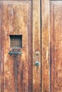 Vintage wooden door with metal lattice. Brown wooden old doors Royalty Free Stock Photo