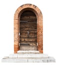 vintage wooden doors with classic brick pattern archway and wide marble stone stairs isolated on white Royalty Free Stock Photo