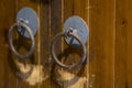 Wooden brown double antique door, with two iron rings