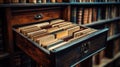 A vintage wooden drawer packed with neatly ordered folders, displaying a nostalgic filing system. A detailed image of
