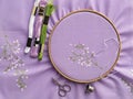 Vintage wooden embroidery hoops, scissors, needle, thread and fabric with pattern for hand embroidery Royalty Free Stock Photo