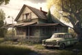 Vintage wooden house with an old car in the countryside. Generative AI Royalty Free Stock Photo