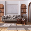 Vintage wooden living room with curtains, fabric sofa, tables and carpet in white and beige tones. Parquet floor and arched door. Royalty Free Stock Photo